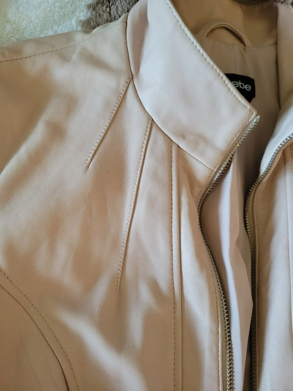 bebe Ivory/blush pink Long Sleeve Leather Zip Jacket. Sz M